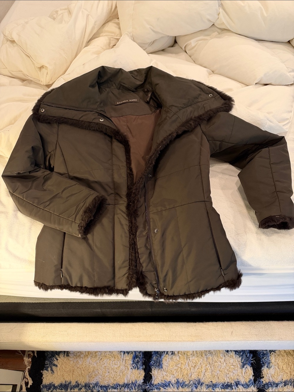 Andrew Marc Dark Brown Quilted Puffer Jacket with Faux-Fur Trim